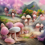 An AI produced image. It is an abstract image of pink and green mushrooms and forest